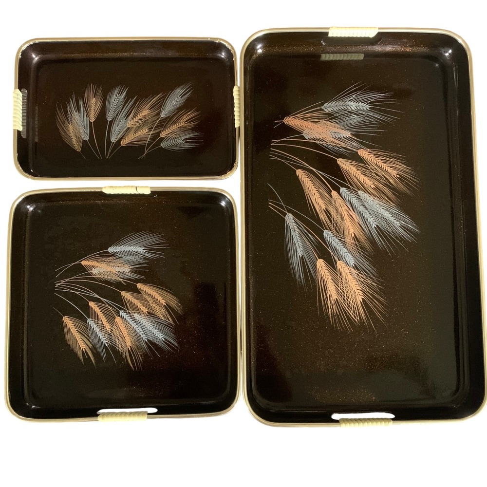 Vintage Japan Nesting Tray Set Wheat Design – 3 Black Brown Serving with Handles